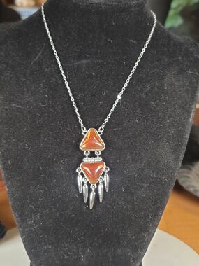 Silver Necklace Set with Brown Triangle Stone Pendant